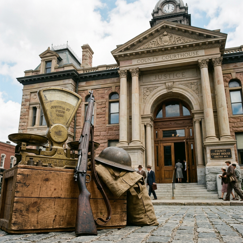 Antique military rifle, helmet, and scale on wooden crate in front of county courthouse