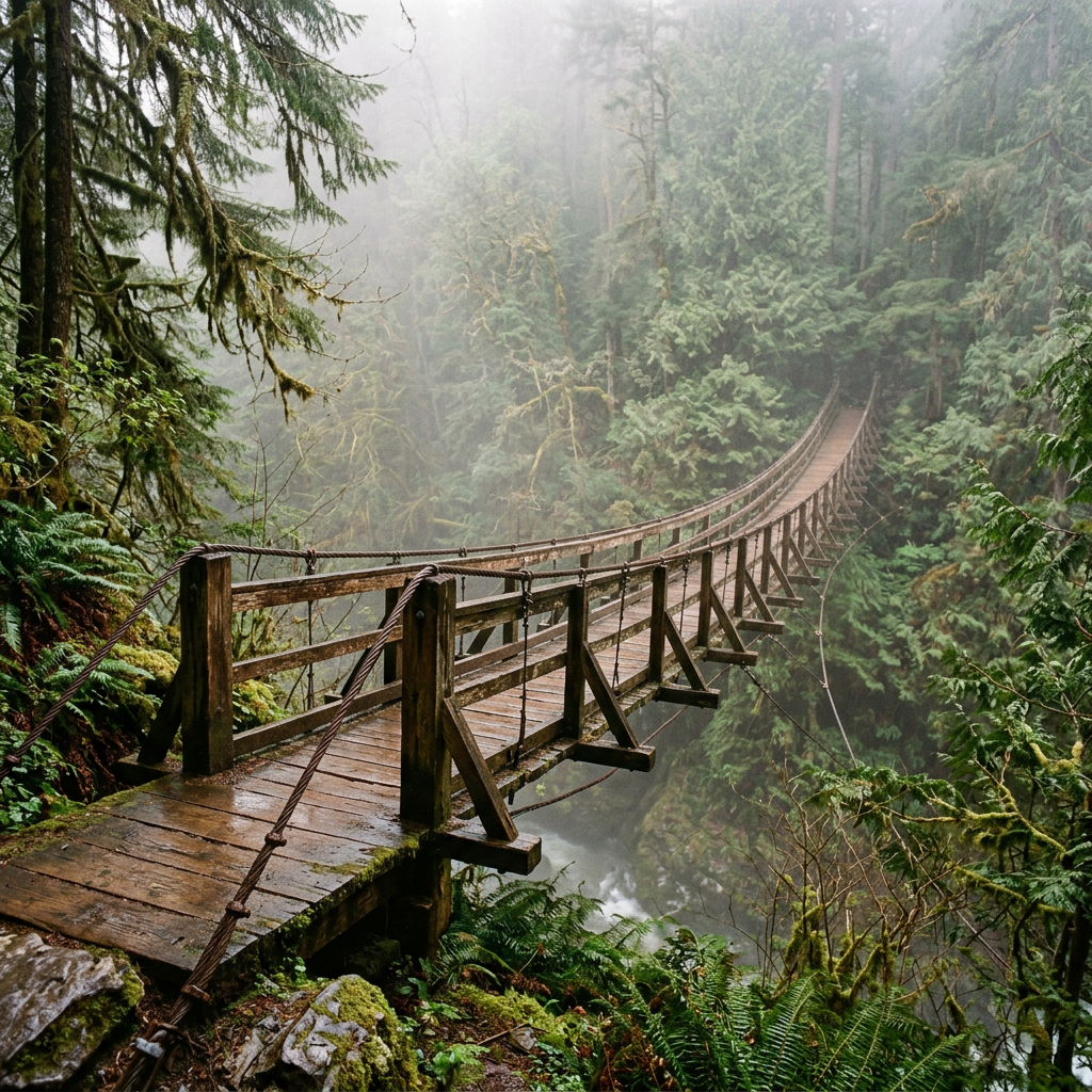 Wooden suspension bridge over a forested ravine in fog