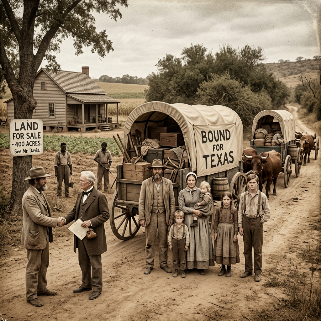 Pioneer family with covered wagons and land sale sign on rural dirt road