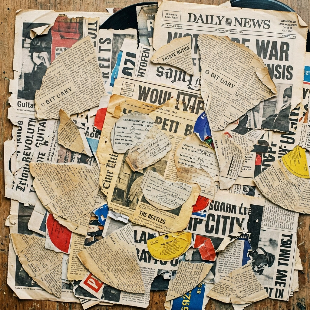 Shattered black vinyl records laid on torn vintage newspaper pages.
