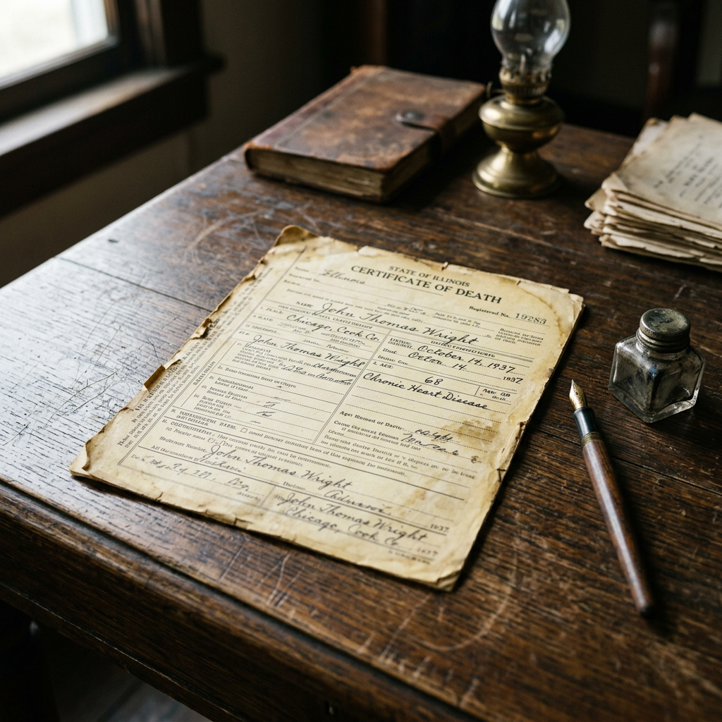 Antique death certificate for John Thomas Wright on wooden desk with pen and ink bottle