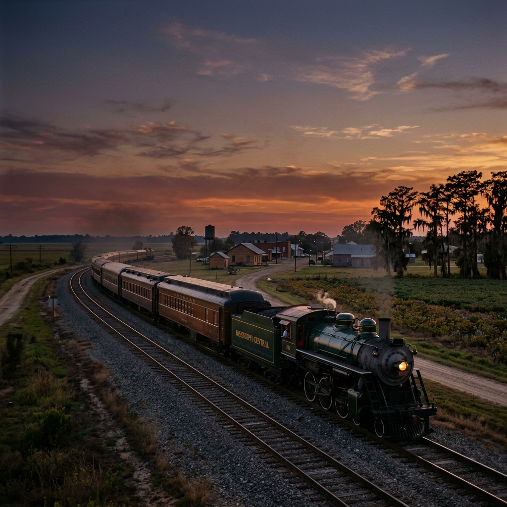 Mississippi Central steam locomotive pulling passenger cars on railway tracks at sunset
